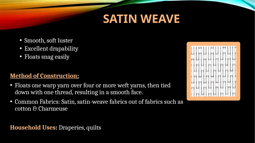 DIFFERENT Types OF WEAVES Subject : Basic Textiles - slide 10 of 18