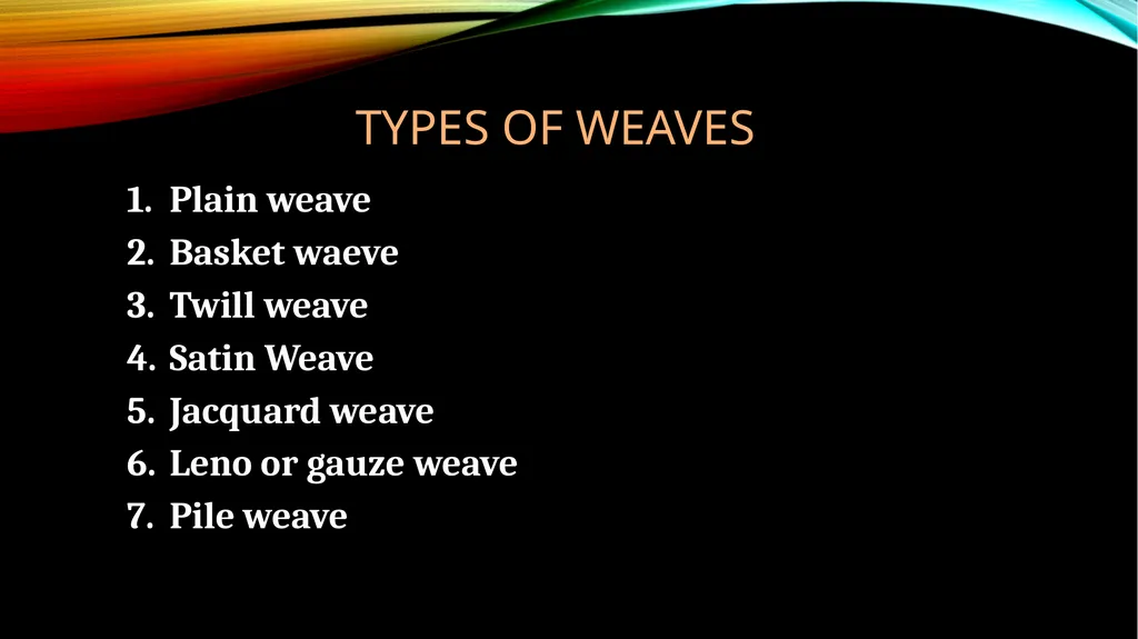 DIFFERENT Types OF WEAVES Subject : Basic Textiles - slide 3 of 18