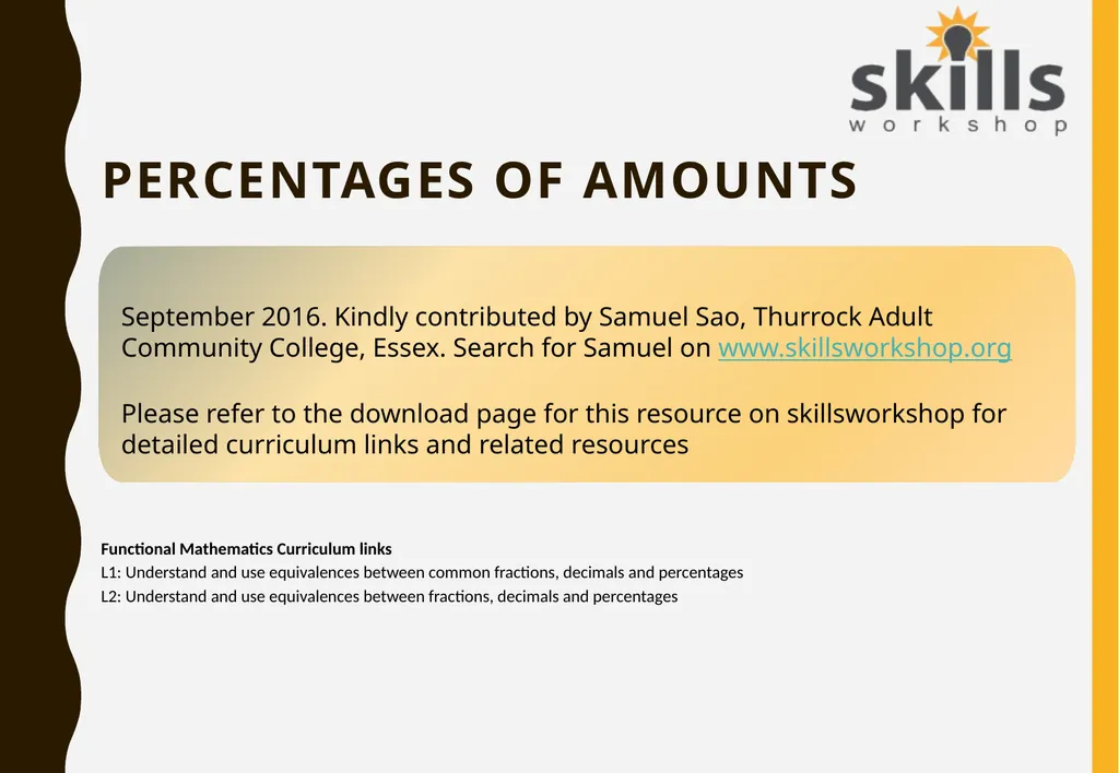 Percentages of amounts Functional Mathematics - slide 1 of 11