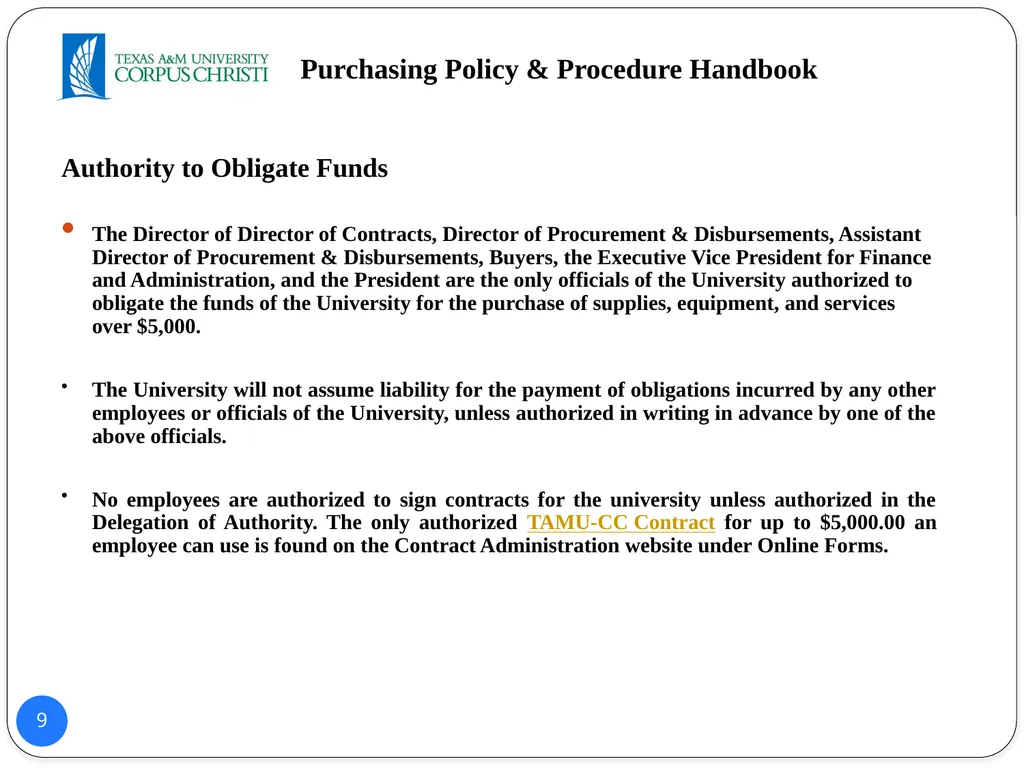 POLICY AND PROCEDURES HANDBOOK TEXAS A&M - slide 9 of 65