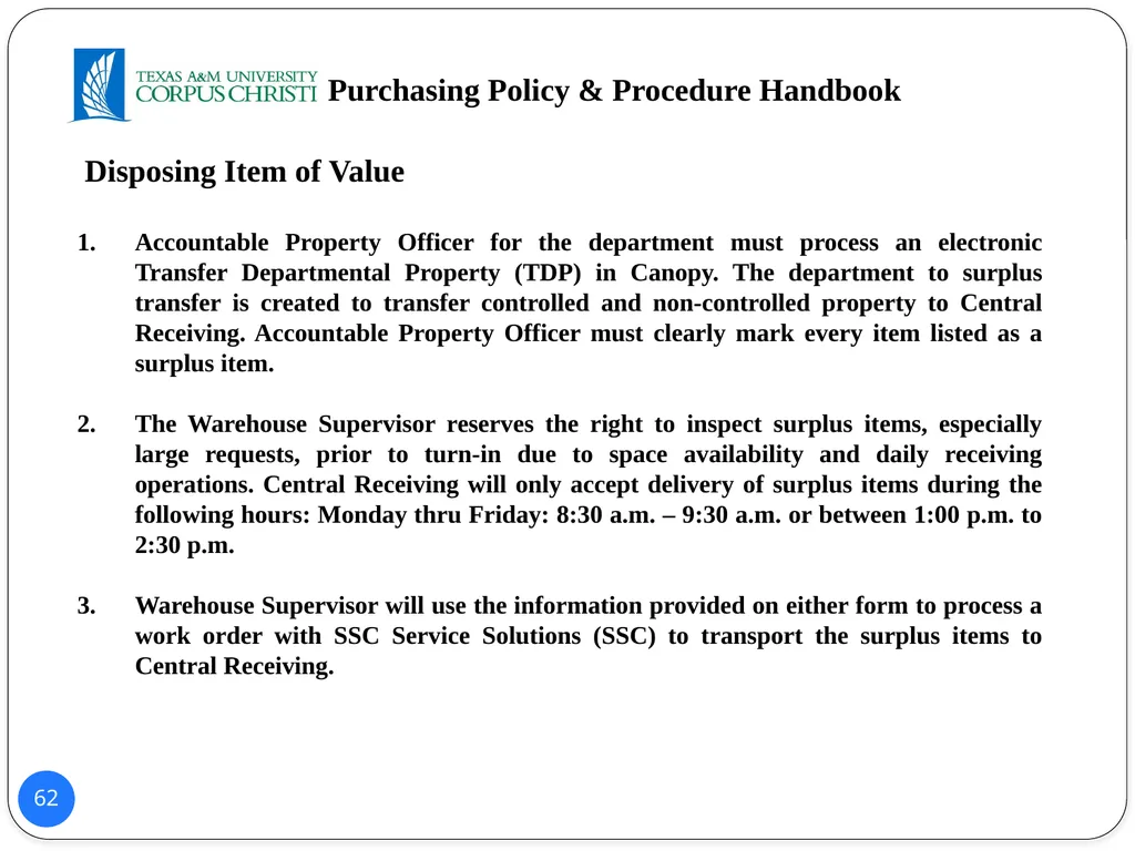 POLICY AND PROCEDURES HANDBOOK TEXAS A&M - slide 62 of 65