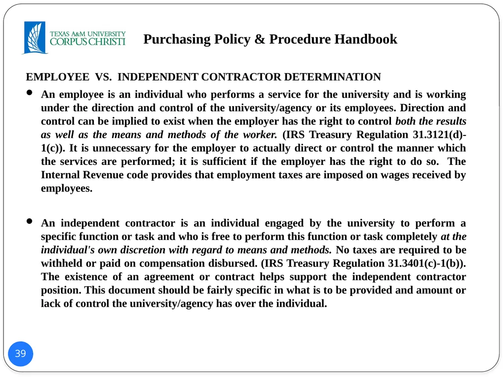 POLICY AND PROCEDURES HANDBOOK TEXAS A&M - slide 39 of 65