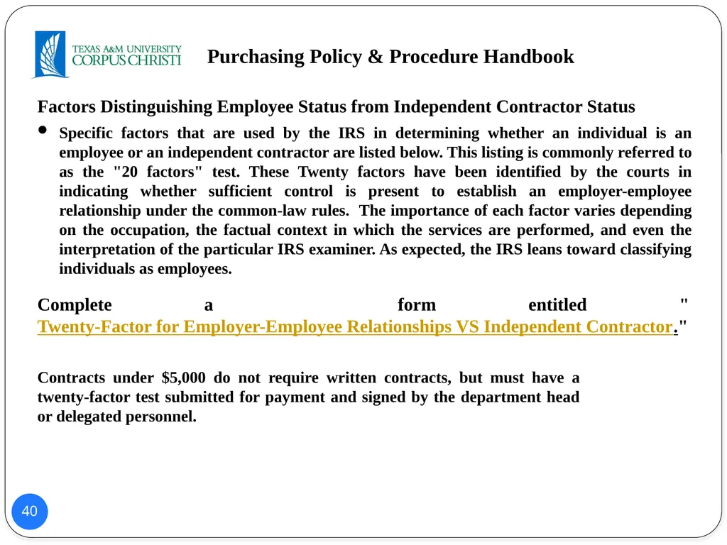 POLICY AND PROCEDURES HANDBOOK TEXAS A&M - slide 40 of 65
