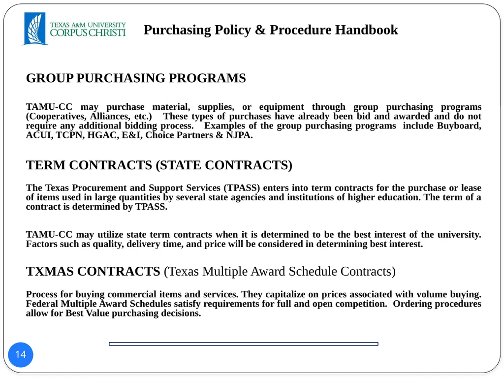 POLICY AND PROCEDURES HANDBOOK TEXAS A&M - slide 14 of 65