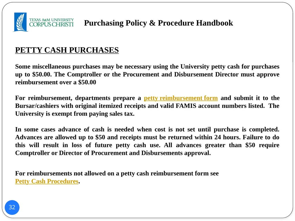 POLICY AND PROCEDURES HANDBOOK TEXAS A&M - slide 32 of 65