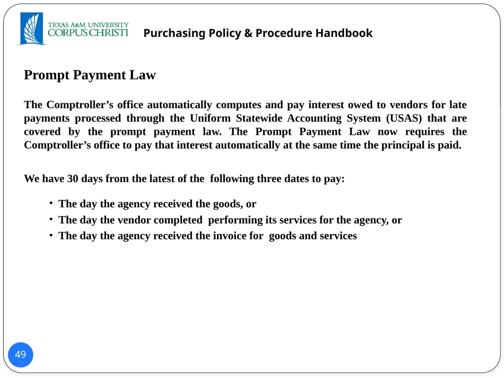 POLICY AND PROCEDURES HANDBOOK TEXAS A&M - slide 49 of 65