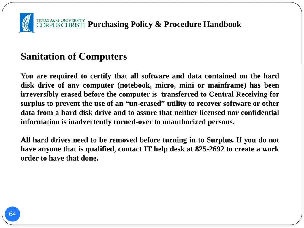 POLICY AND PROCEDURES HANDBOOK TEXAS A&M - slide 64 of 65
