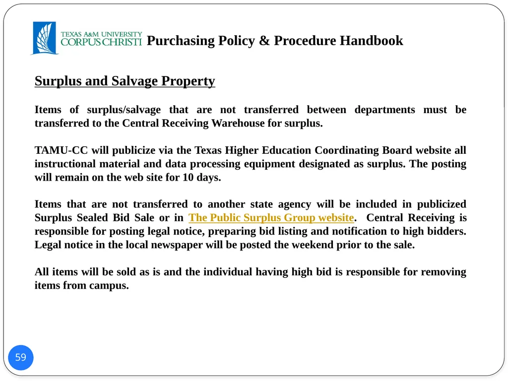 POLICY AND PROCEDURES HANDBOOK TEXAS A&M - slide 59 of 65