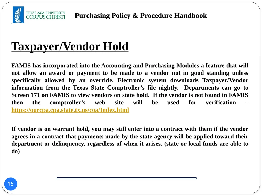 POLICY AND PROCEDURES HANDBOOK TEXAS A&M - slide 15 of 65