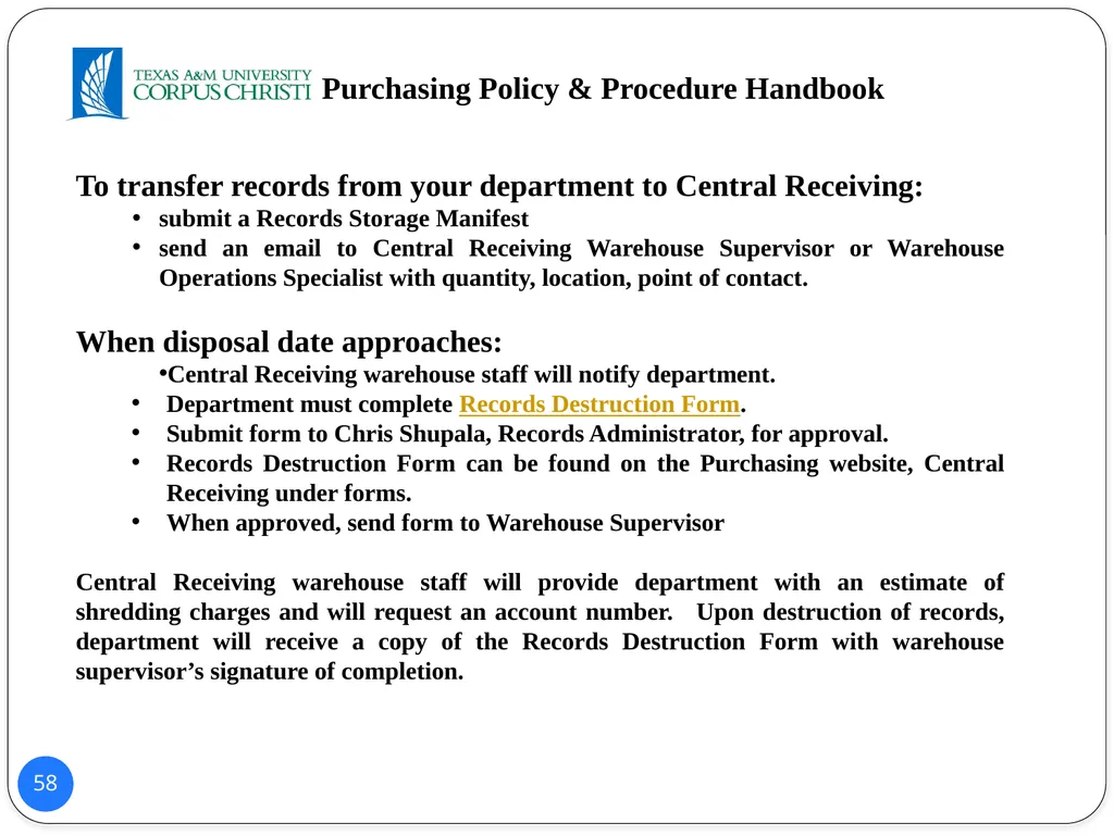 POLICY AND PROCEDURES HANDBOOK TEXAS A&M - slide 58 of 65
