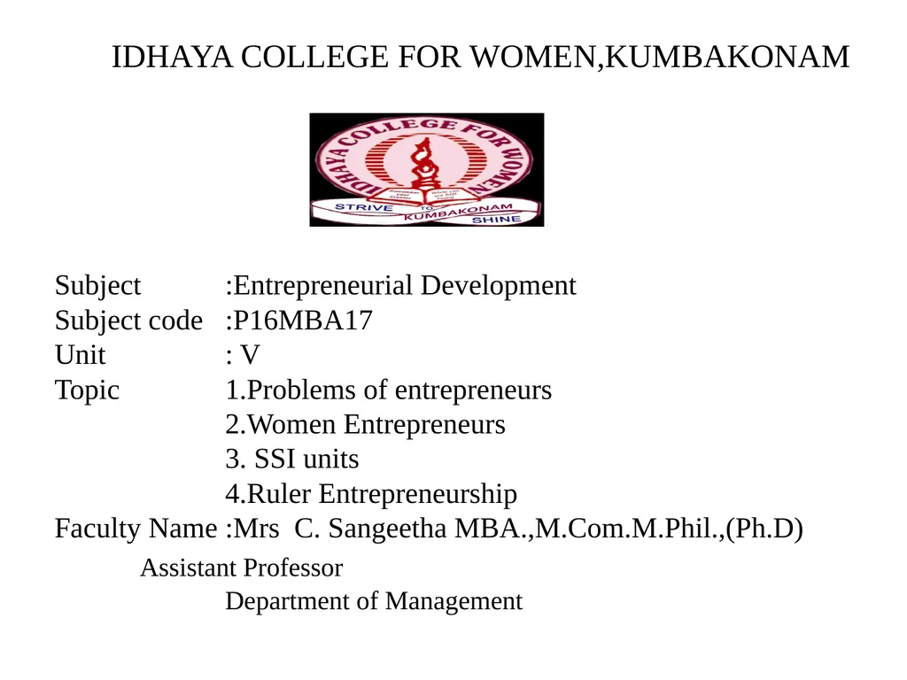 IDHAYA COLLEGE FOR WOMEN,KUMBAKONAM Subject