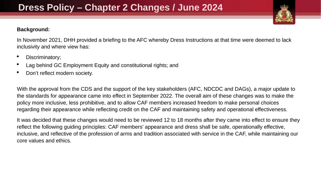 Dress Policy – Chapter 2 Changes / June 2024 - slide 1 of 13