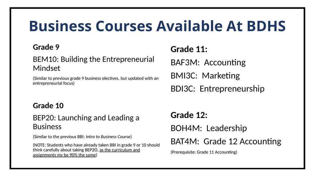 Business Courses Available At BDHS Grade 9 BEM10: