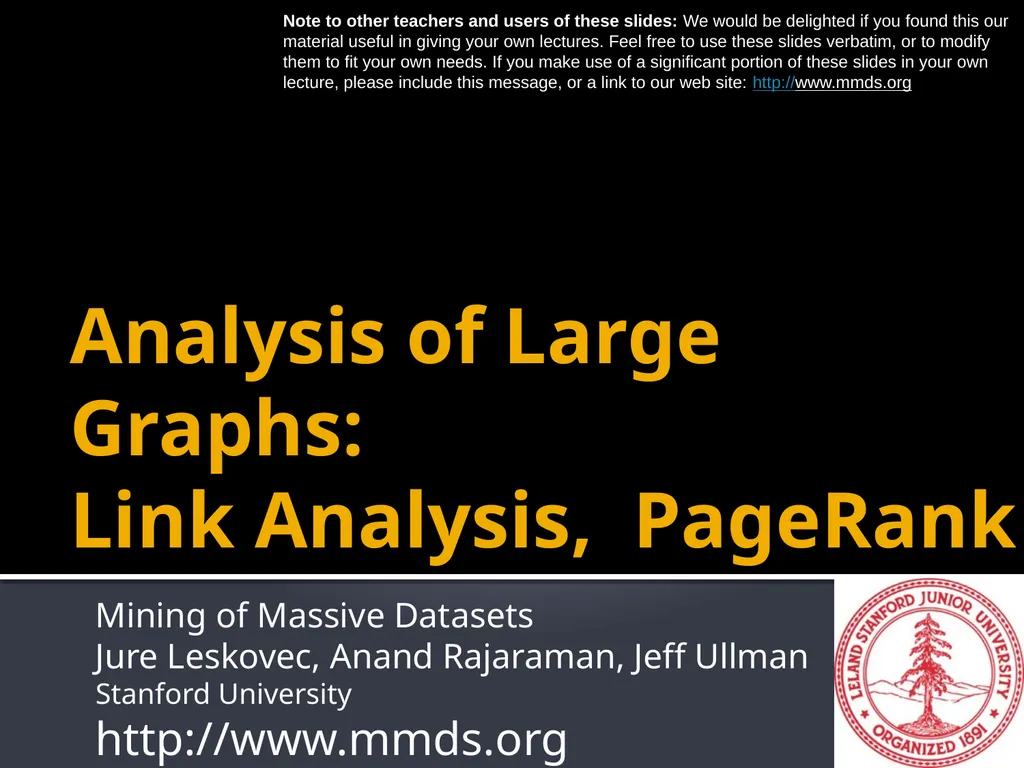 Analysis of Large Graphs: Link Analysis, PageRank - slide 1 of 60