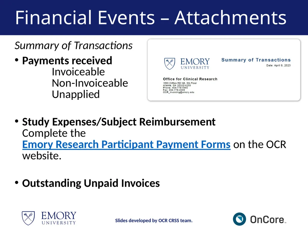 Emory OnCore OnCore New User Training Version 1, - slide 79 of 94