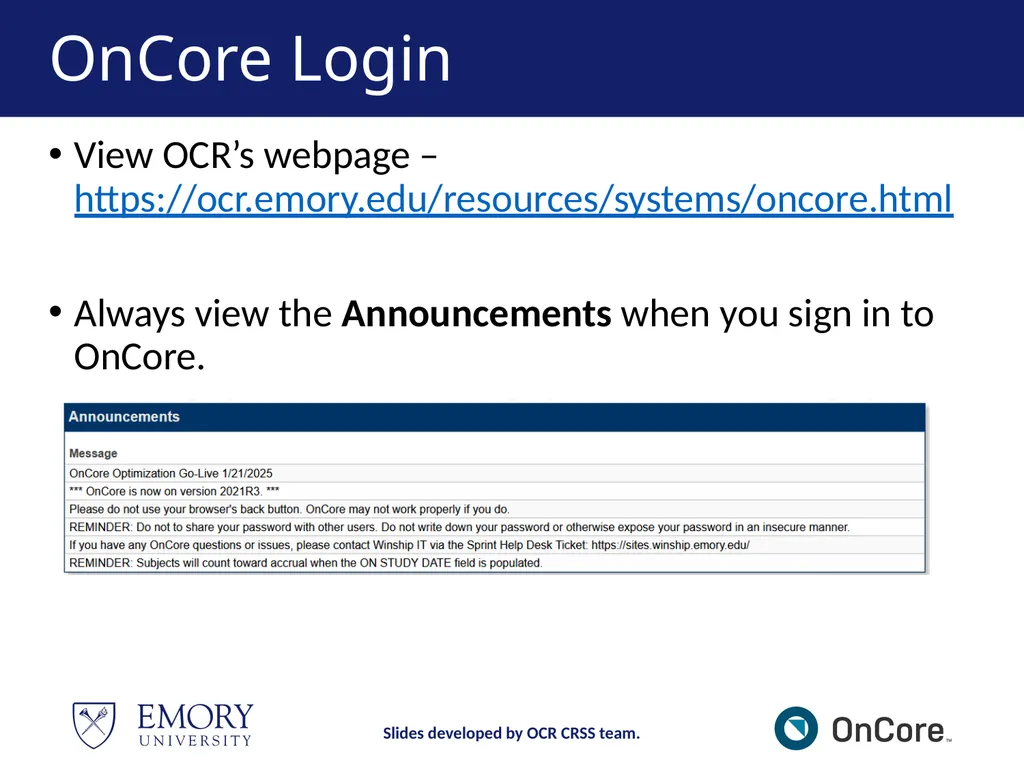 Emory OnCore OnCore New User Training Version 1, - slide 18 of 94