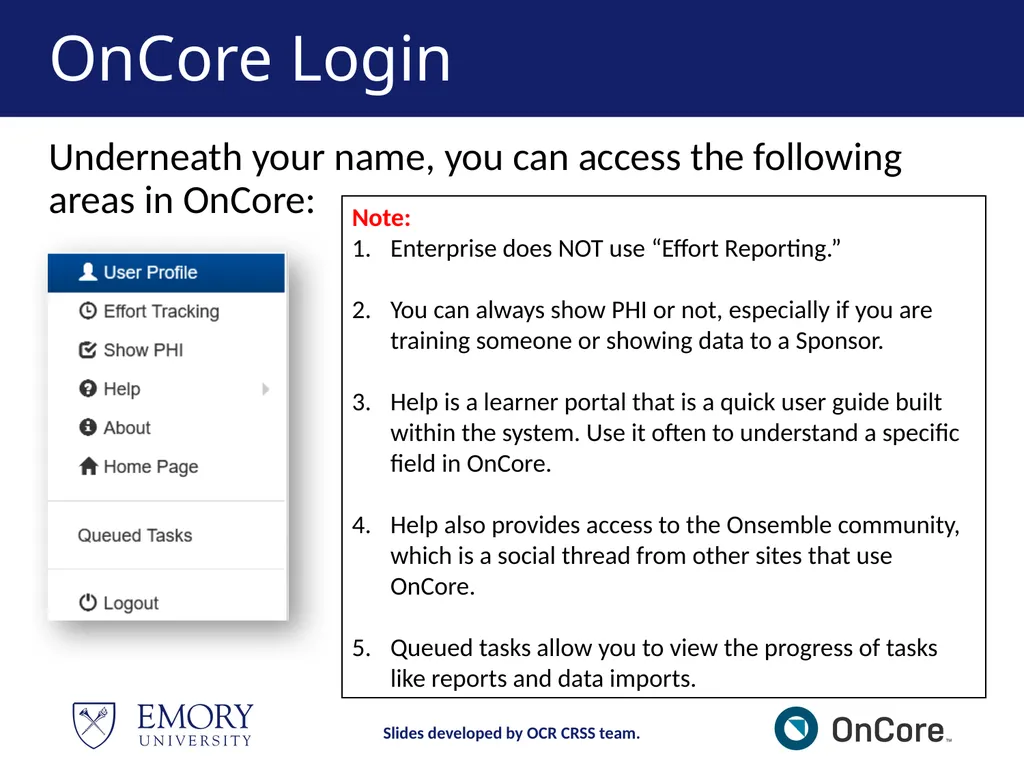 Emory OnCore OnCore New User Training Version 1, - slide 19 of 94