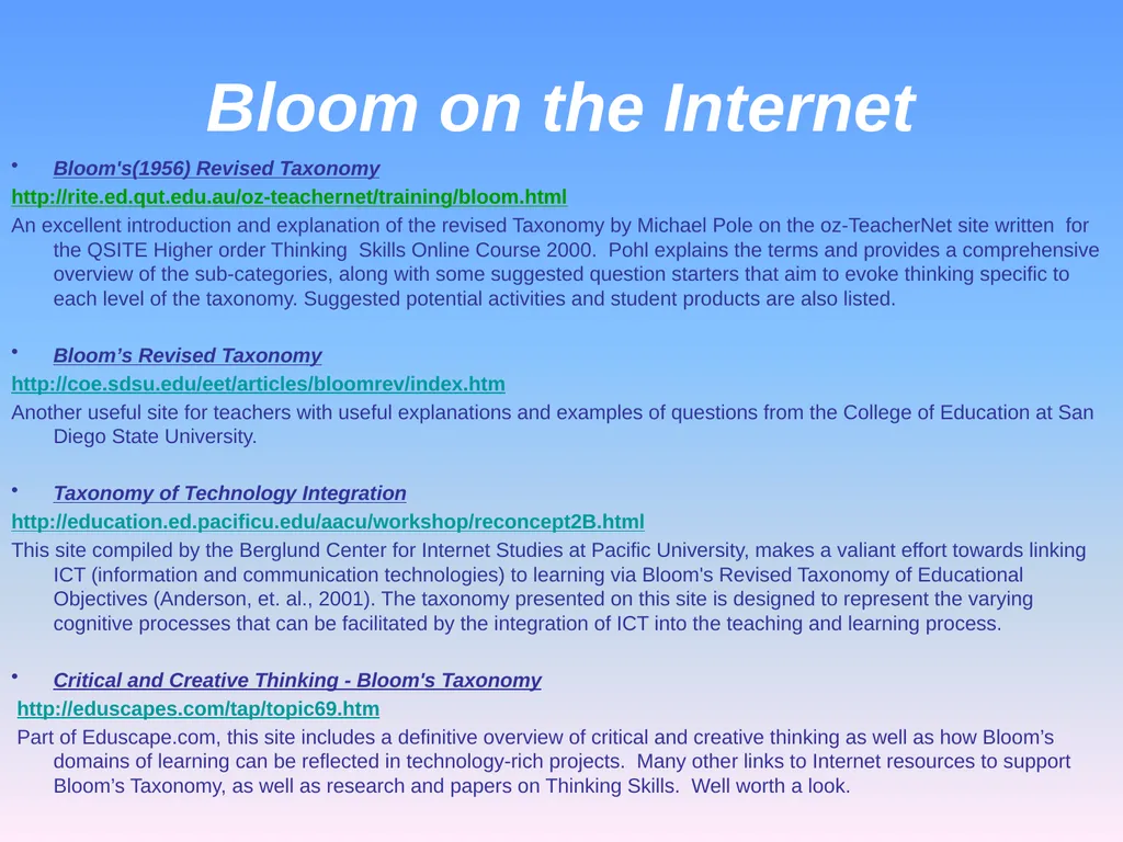Presented by Denise Tarlinton Bloom's Revised - slide 54 of 58
