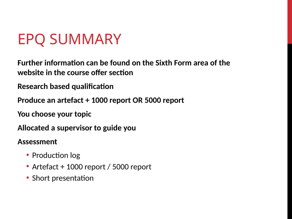 INTRODUCTION TO LEVEL 3 EPQ YEAR 12 INDUCTION WHAT - slide 23 of 25