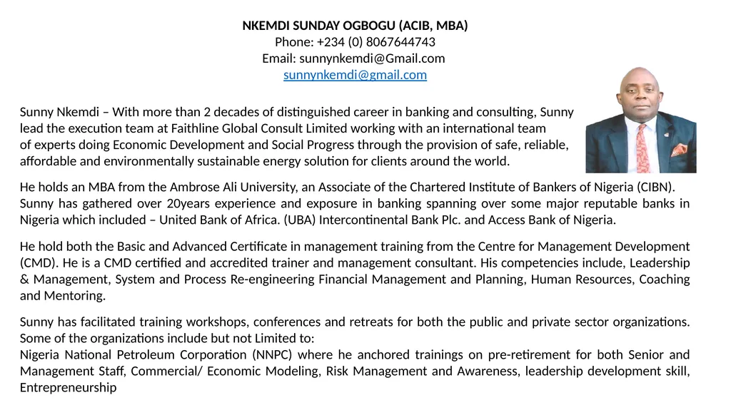 NKEMDI SUNDAY OGBOGU (ACIB, MBA) Phone: +234 (0)