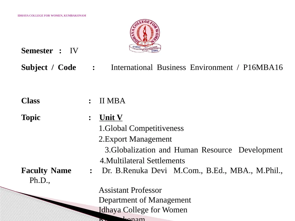 IDHAYA COLLEGE FOR WOMEN, KUMBAKONAM Semester : IV - slide 1 of 57