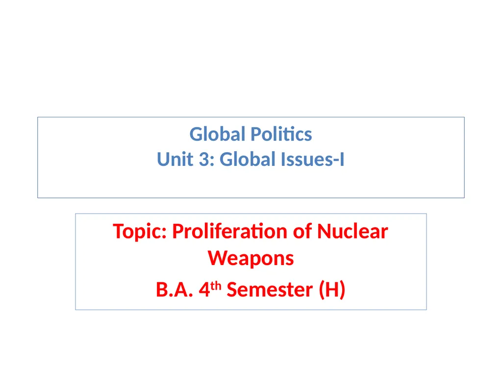Global Politics Unit 3: Global Issues-I Topic:
