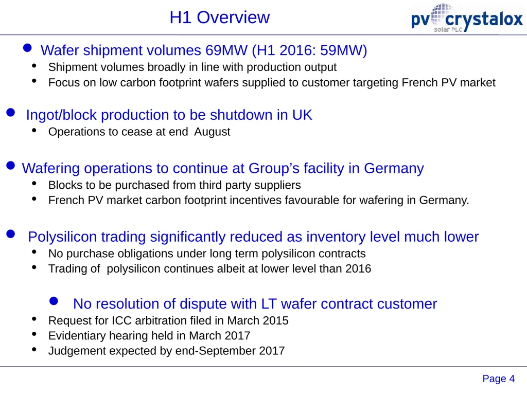 PV Crystalox Solar plc 2017 Interim Results 24 - slide 4 of 15