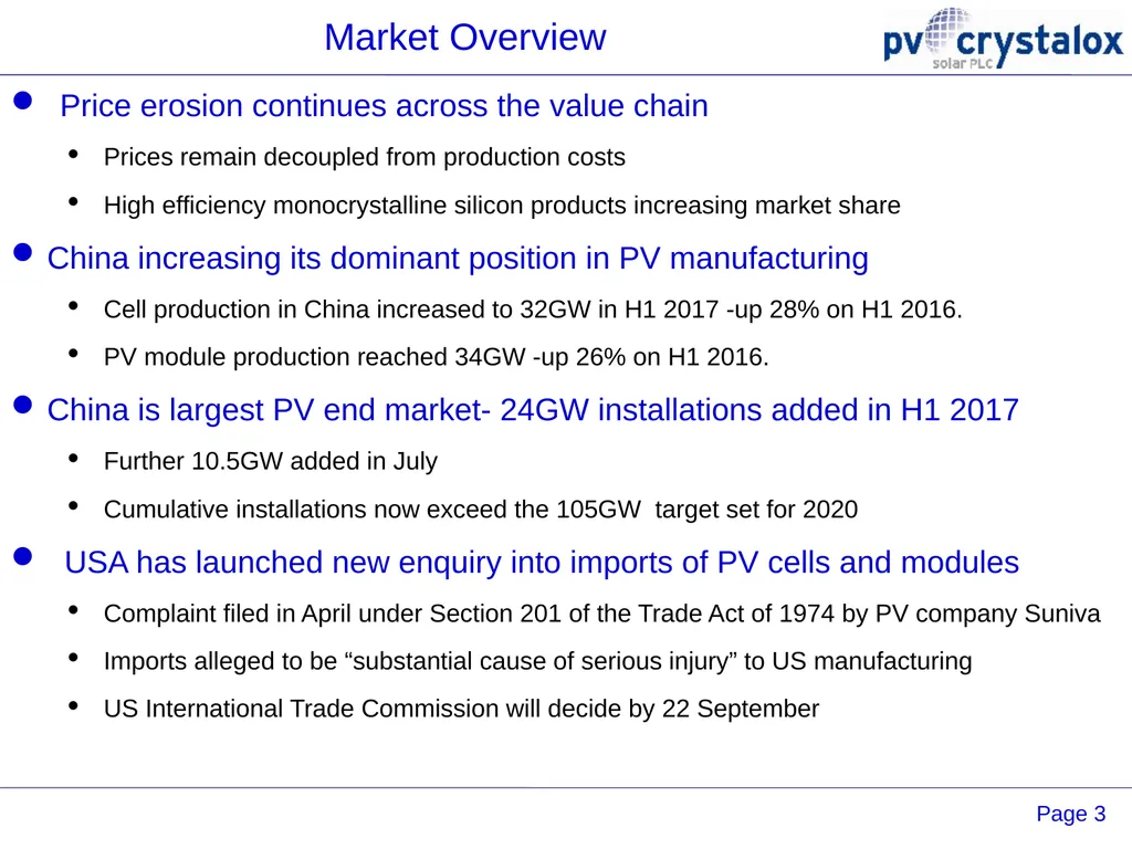 PV Crystalox Solar plc 2017 Interim Results 24 - slide 3 of 15