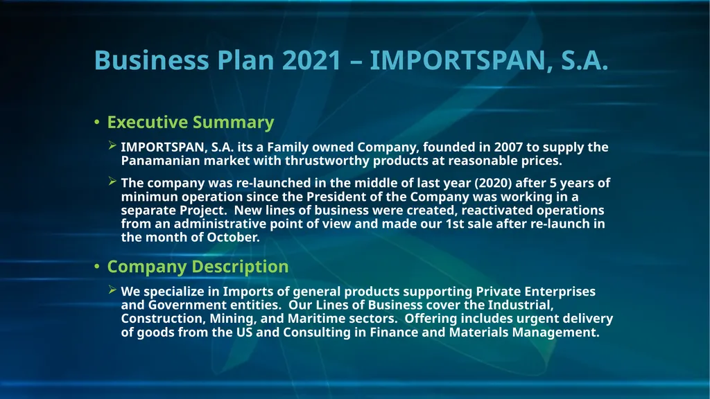 Business Plan Importspan, S.A. 2021 Business Plan - slide 2 of 7