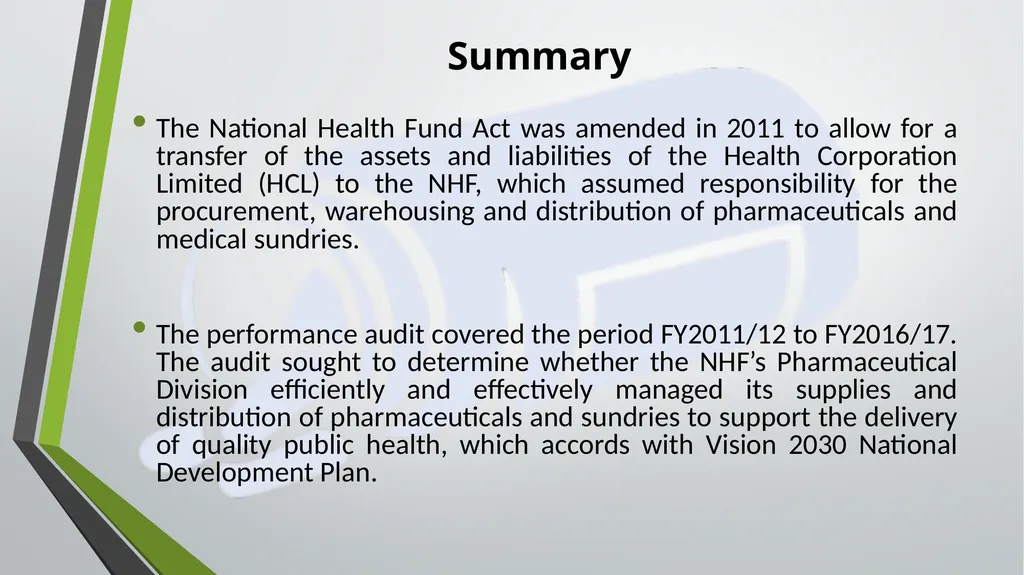 National Health Fund (NHF) Performance Audit - slide 2 of 9