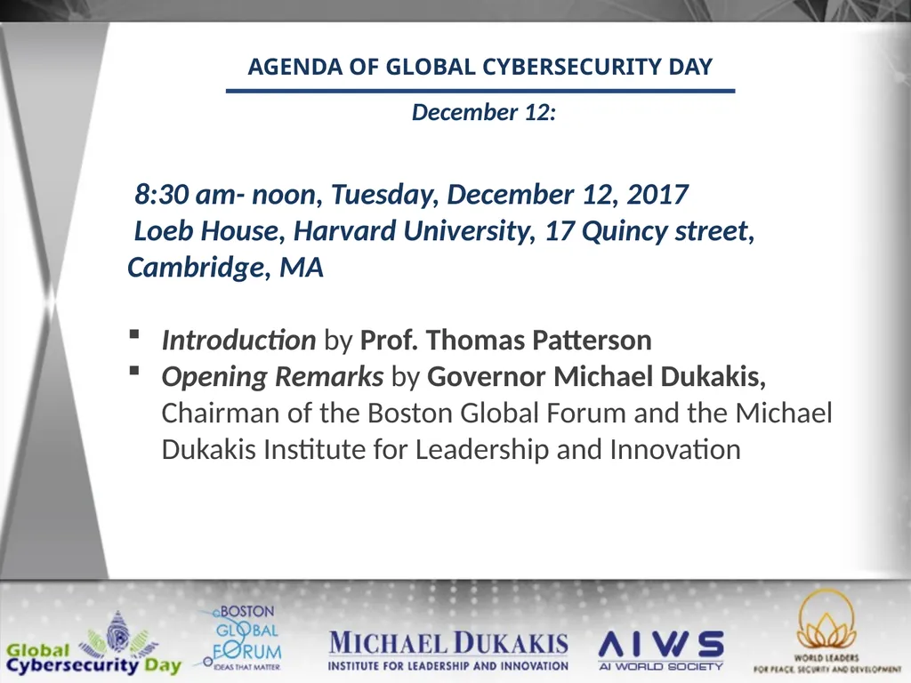 AGENDA OF GLOBAL CYBERSECURITY DAY December 12: - slide 1 of 12