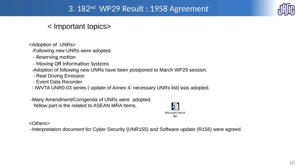 Information on WP.29 activities 26th, 27th Jan. - slide 10 of 13