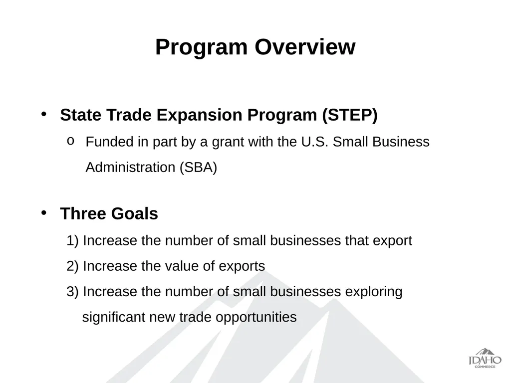 Program Overview State Trade Expansion Program - slide 2 of 17
