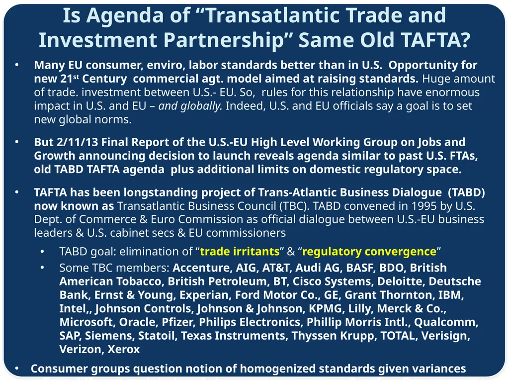 Consumer Perspective on TAFTA Agenda Lori Wallach - slide 2 of 17