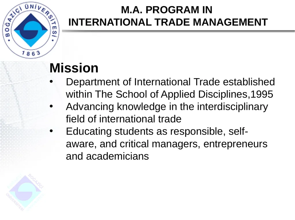 DEPARTMENT OF INTERNATIONAL TRADE M.A. PROGRAM IN - slide 2 of 11