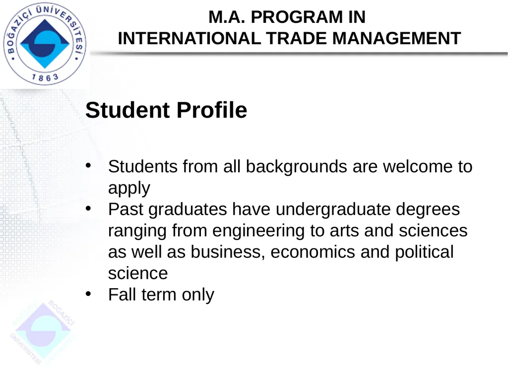 DEPARTMENT OF INTERNATIONAL TRADE M.A. PROGRAM IN - slide 3 of 11