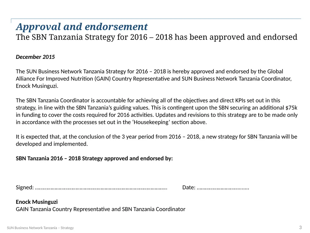 SUN Business Network Tanzania Strategy 2016 – 2018 - slide 3 of 54