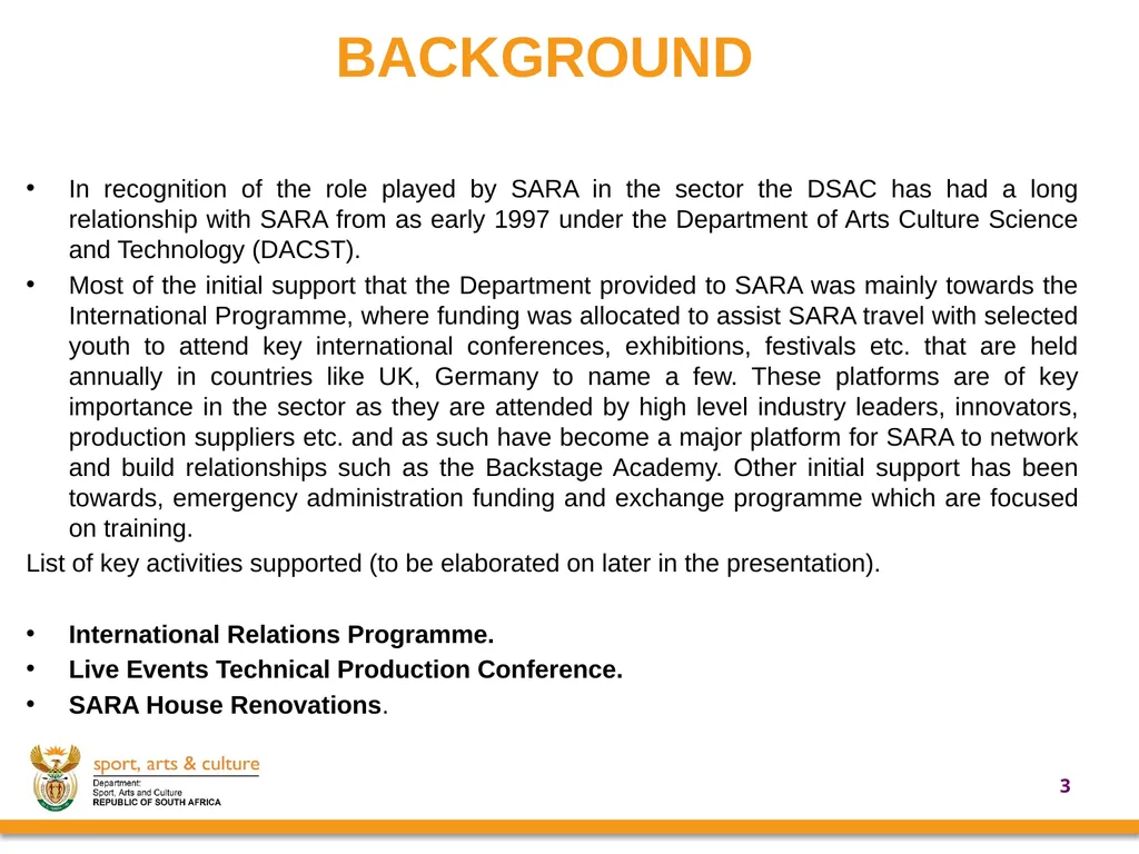 UPDATE ON SUPPORT PROVIDED BY THE DEPARTMENT OF - slide 3 of 30