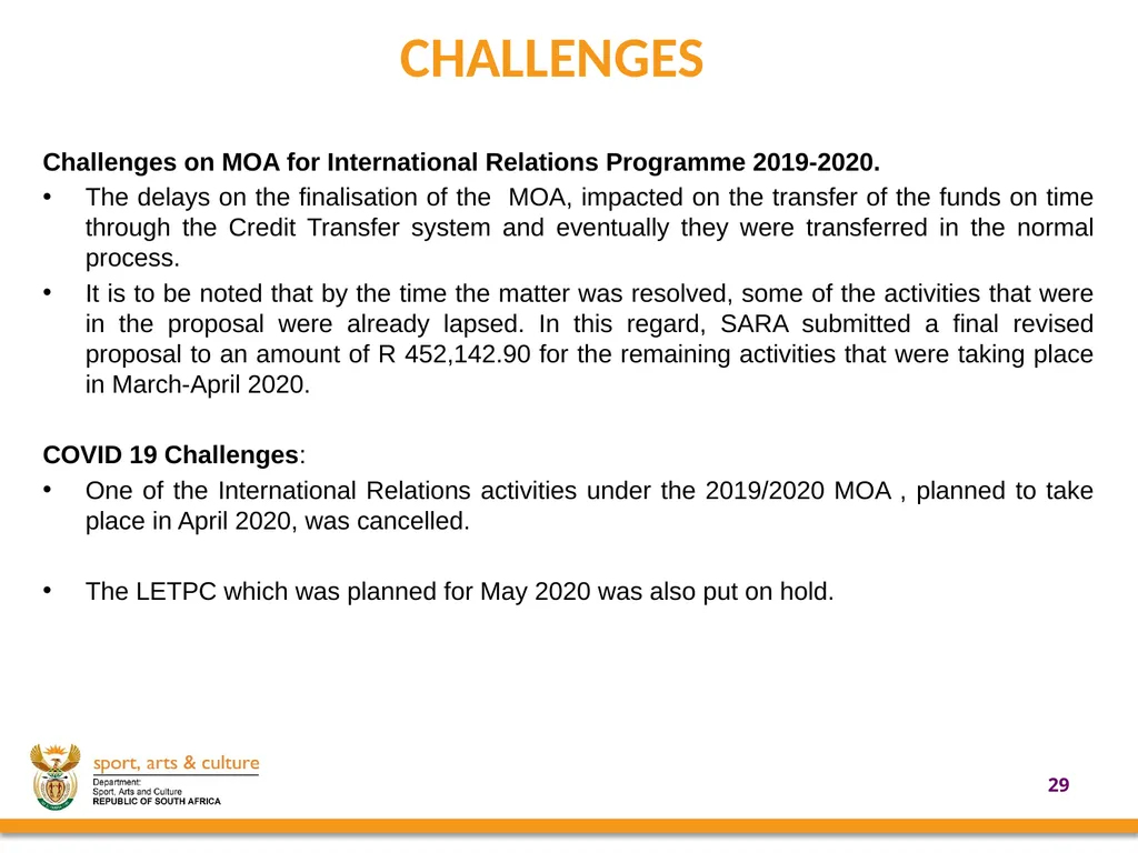 UPDATE ON SUPPORT PROVIDED BY THE DEPARTMENT OF - slide 29 of 30