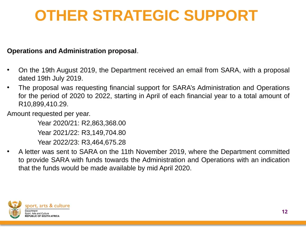 UPDATE ON SUPPORT PROVIDED BY THE DEPARTMENT OF - slide 12 of 30