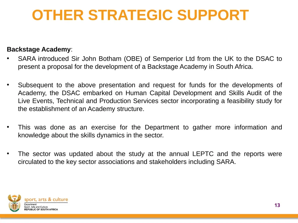 UPDATE ON SUPPORT PROVIDED BY THE DEPARTMENT OF - slide 13 of 30