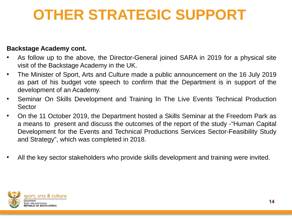 UPDATE ON SUPPORT PROVIDED BY THE DEPARTMENT OF - slide 14 of 30