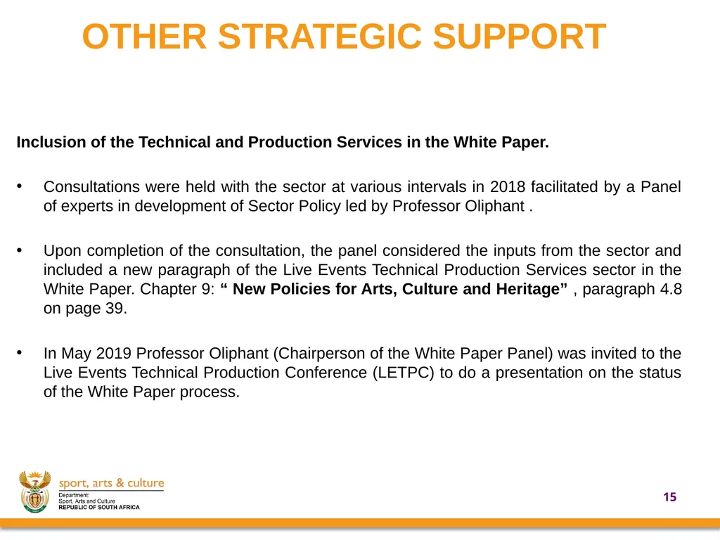 UPDATE ON SUPPORT PROVIDED BY THE DEPARTMENT OF - slide 15 of 30