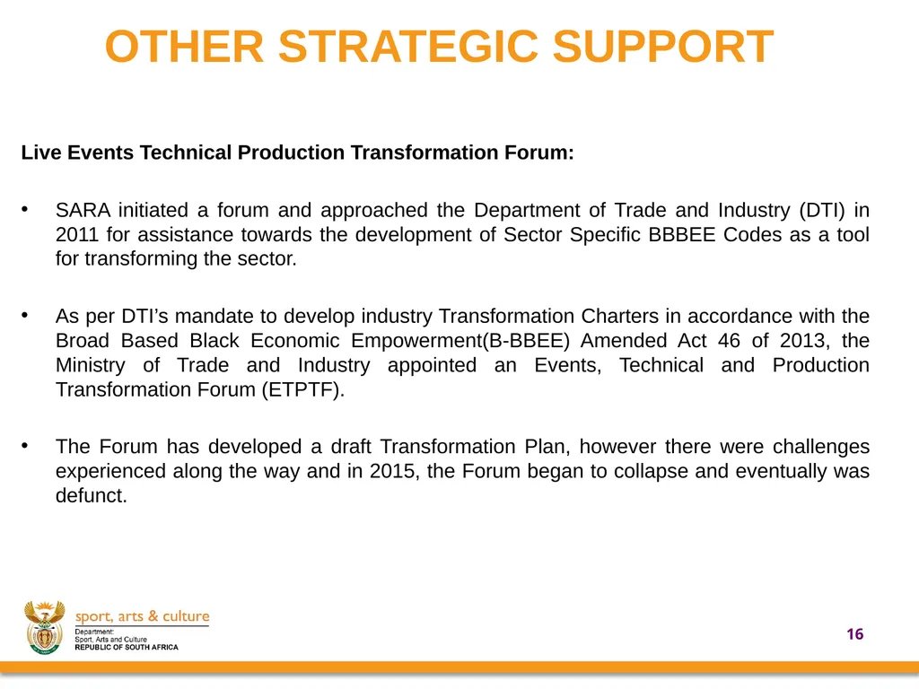 UPDATE ON SUPPORT PROVIDED BY THE DEPARTMENT OF - slide 16 of 30