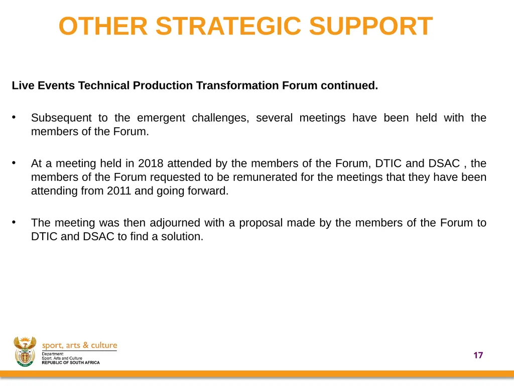UPDATE ON SUPPORT PROVIDED BY THE DEPARTMENT OF - slide 17 of 30