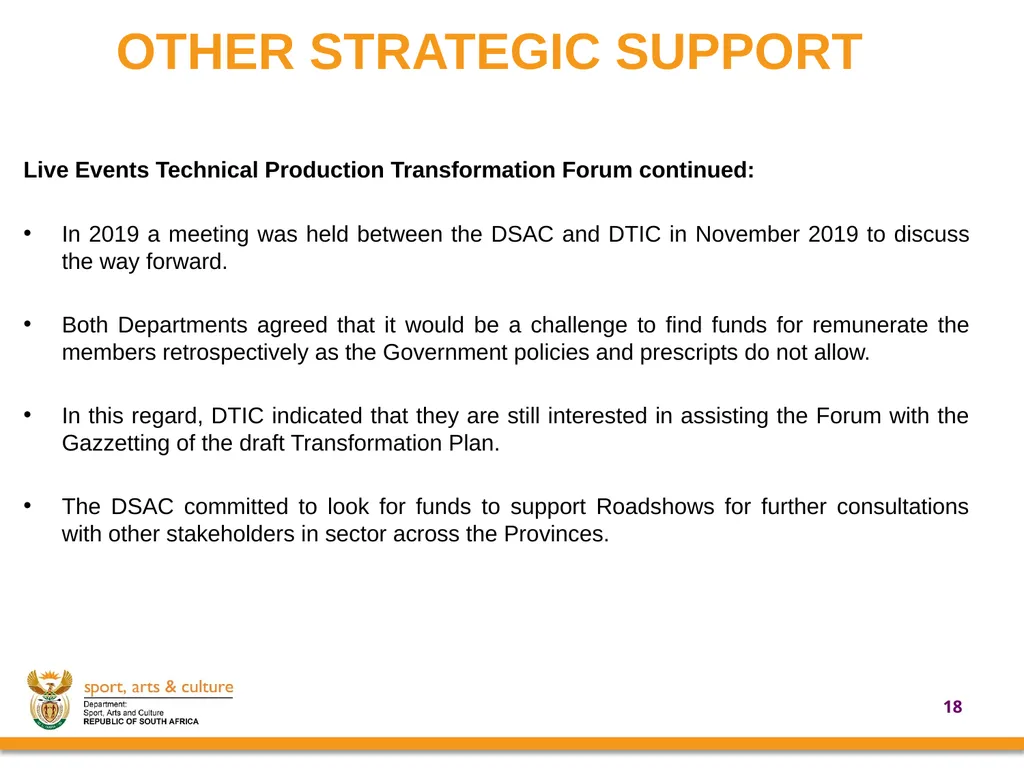 UPDATE ON SUPPORT PROVIDED BY THE DEPARTMENT OF - slide 18 of 30