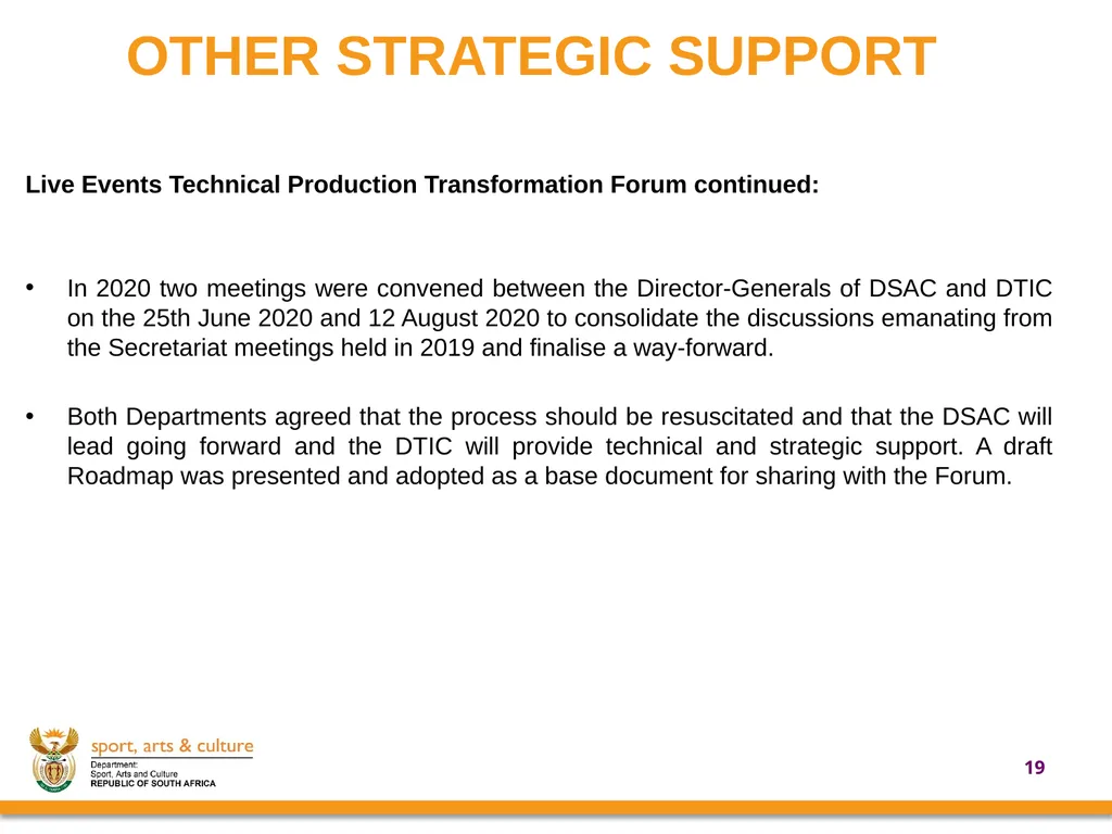 UPDATE ON SUPPORT PROVIDED BY THE DEPARTMENT OF - slide 19 of 30