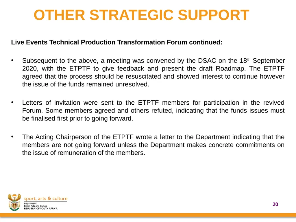 UPDATE ON SUPPORT PROVIDED BY THE DEPARTMENT OF - slide 20 of 30