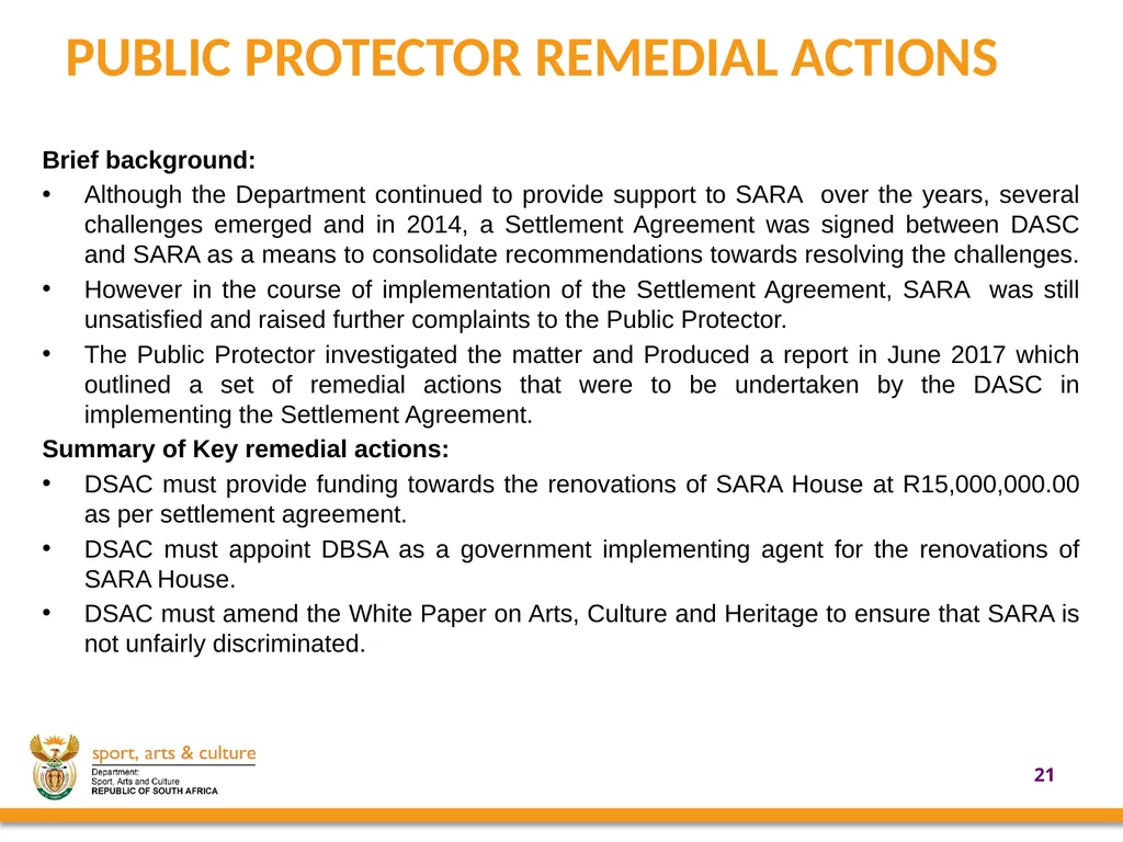 UPDATE ON SUPPORT PROVIDED BY THE DEPARTMENT OF - slide 22 of 30