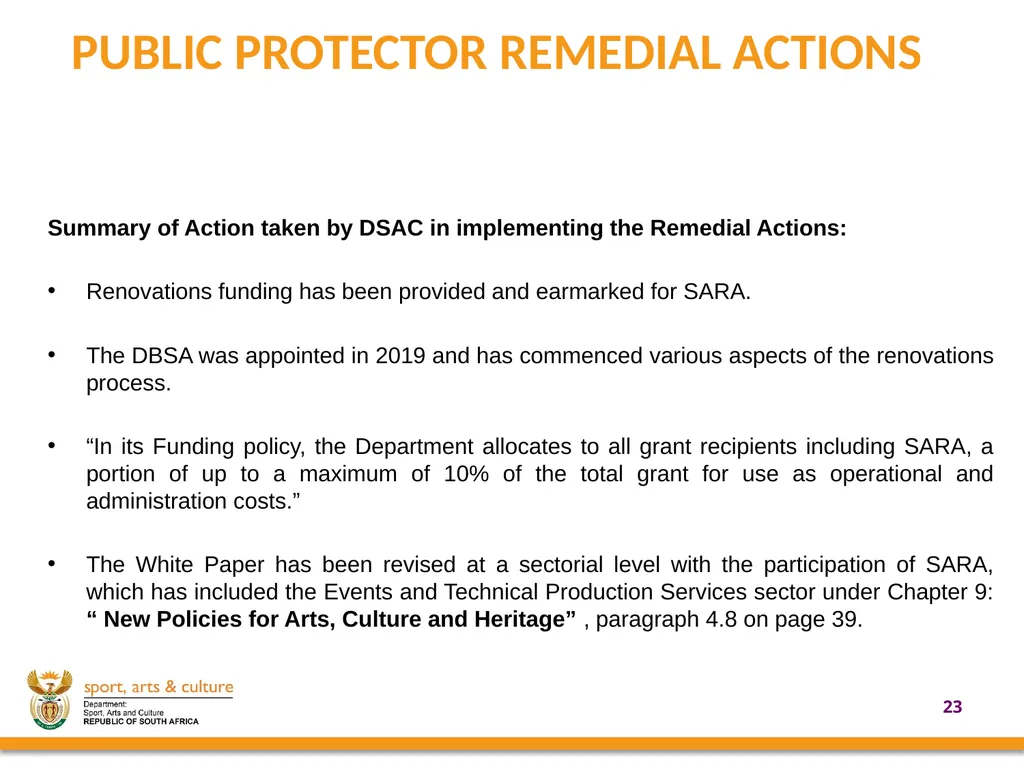 UPDATE ON SUPPORT PROVIDED BY THE DEPARTMENT OF - slide 23 of 30